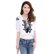 2016 Fashion Style Half Lantern Sleeve T-shirts Plus Size Female Print T shirts Chiffon Top V-neck Women t shirt 71120