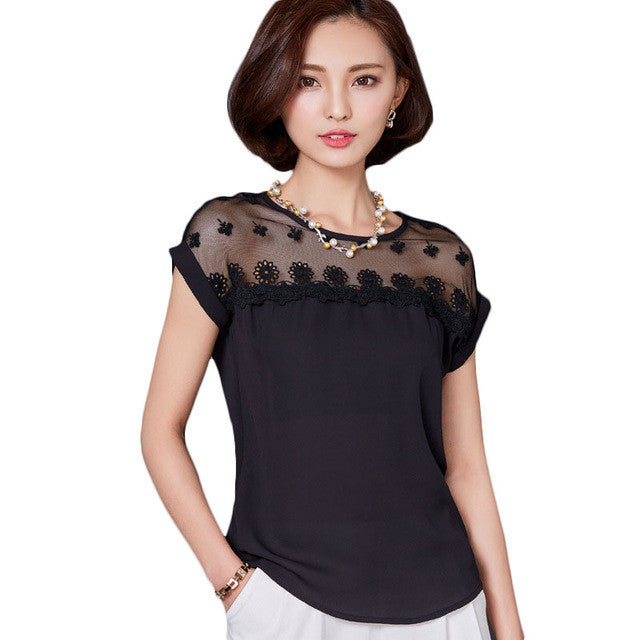 2016 Fashion Style Short Sleeve T-shirts Plus Size M-3XL Female T shirts Lace Top O-neck Women t shirt 71128
