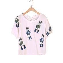 2016 Fashion Women clothing Short T shirts Cartoon Print t-shirt Women Top Short Sleeve Female Appliques tops 71068