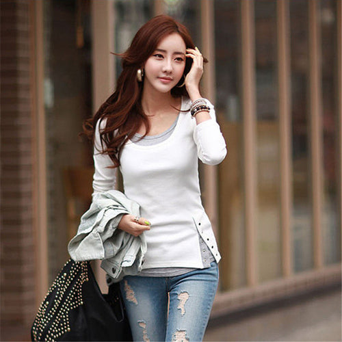 2016 Fashion t shirt Women Tops and Tees Button Femme Full Sleeve False Two Casual Camisetas Mujer Plus Size 71637