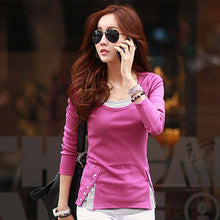 2016 Fashion t shirt Women Tops and Tees Button Femme Full Sleeve False Two Casual Camisetas Mujer Plus Size 71637