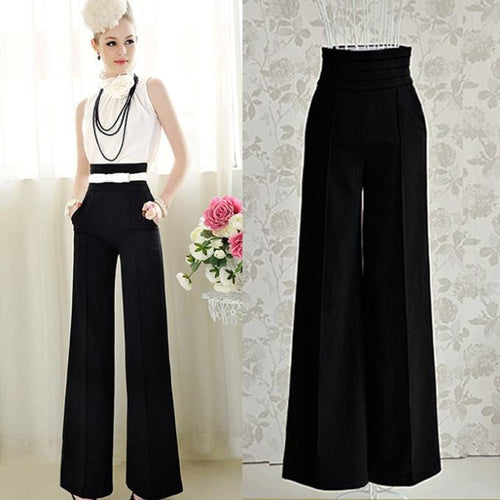 2016 Hot Sale Loose Zipper Fly Solid Pantalones New Women Casual High Waist Flare Wide Leg Long Pants Palazzo Trousers