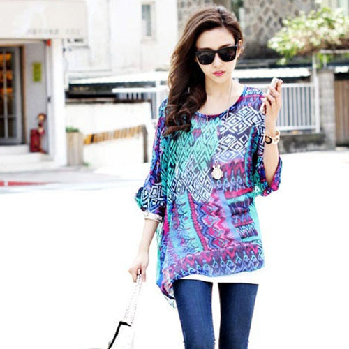 2016 Hot Sale Women Bohemian National Wind Shirt&Blouse Summer Batwing Sleeve Chiffon Shirt Tops Casual Geometric Print Blouse