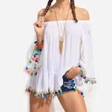 2016 Hot Sale Women Casual Tops Off Shoulder Tassel Loose Ladies Boat Neck Strapless White T Shirt Femme Women Clothes Camisetas