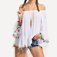 2016 Hot Sale Women Casual Tops Off Shoulder Tassel Loose Ladies Boat Neck Strapless White T Shirt Femme Women Clothes Camisetas