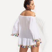 2016 Hot Sale Women Casual Tops Off Shoulder Tassel Loose Ladies Boat Neck Strapless White T Shirt Femme Women Clothes Camisetas