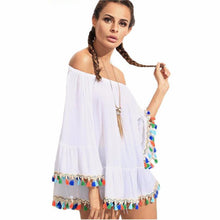 2016 Hot Sale Women Casual Tops Off Shoulder Tassel Loose Ladies Boat Neck Strapless White T Shirt Femme Women Clothes Camisetas