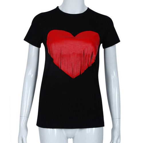 2016 Hot Selling T Shirt Women Heart Tassel Black Short Sleeve T-shirt Tops Women Clothes Camisetas Mujer Tee Shirt Femme