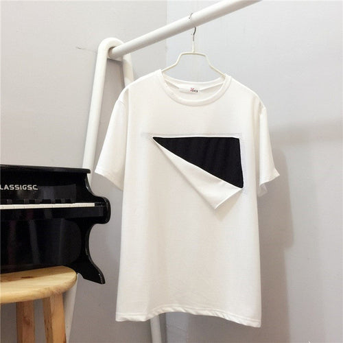 2016 Korean Style Short Sleeve T-shirt Loose Women T Shirt Summer New O-neck Personality White/Black Hit Color Tops 71185