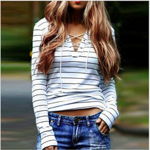 2016 New Arrival Autumn Striped Shirts Women Long Sleeve Bandage Casual Long Sleeve Spring Girls Ladies Tops T-Shirt Female
