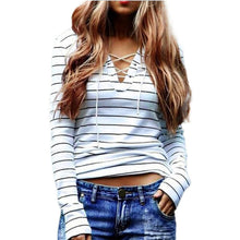 2016 New Arrival Autumn Striped Shirts Women Long Sleeve Bandage Casual Long Sleeve Spring Girls Ladies Tops T-Shirt Female