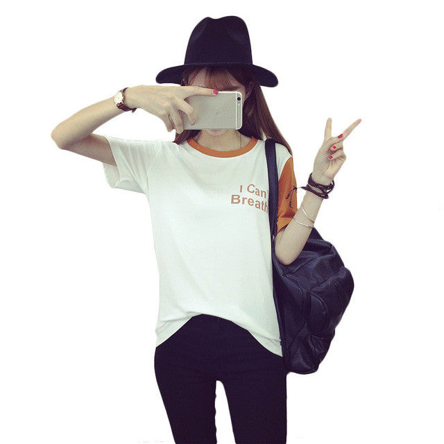 2016 New Arrival Short Sleeve T-shirts Large Size Female Letter Print Patchwork T shirts Top Women t shirt 71104