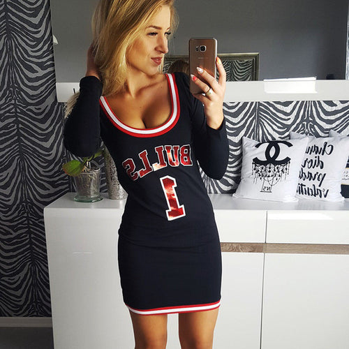 2016 New Arrival Summer Women Bodycon Dress Number Letter Print O-Neck Full Sleeve Above Knee Vestidos Plus Size 71826