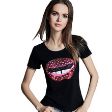 2016 New Arrival T Shirt Women Short Sleeve Casual O-Neck Sequined Tee Tops Female Print Red Lip T-shirt Plus Size 70977