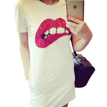 2016 New Arrival T Shirt Women Short Sleeve Casual O-Neck Sequined Tee Tops Female Print Red Lip T-shirt Plus Size 70960