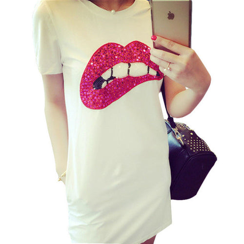 2016 New Arrival T Shirt Women Short Sleeve Casual O-Neck Sequined Tee Tops Female Print Red Lip T-shirt Plus Size 70960