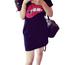 2016 New Arrival T Shirt Women Short Sleeve Casual O-Neck Sequined Tee Tops Female Print Red Lip T-shirt Plus Size 70960