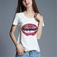 2016 New Arrival T Shirt Women Short Sleeve Casual O-Neck Sequined Tee Tops Female Print Red Lip T-shirt Plus Size 70977