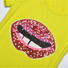 2016 New Arrival T Shirt Women Short Sleeve Casual O-Neck Sequined Tee Tops Female Print Red Lip T-shirt Plus Size 70977