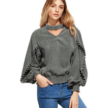 2016 New Arrival Women Autumn Winter V Neck Long-sleeved Pompon Ball Back Zipper t-shirt Women Tee Tops Female T shirt Femme