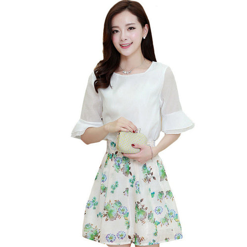 2016 New Arrival Women Floral Print Skirt Set 2 Pieces Suit O-neck Short Sleeve Chiffon t shirt Plus Size Zipper Woman 70900