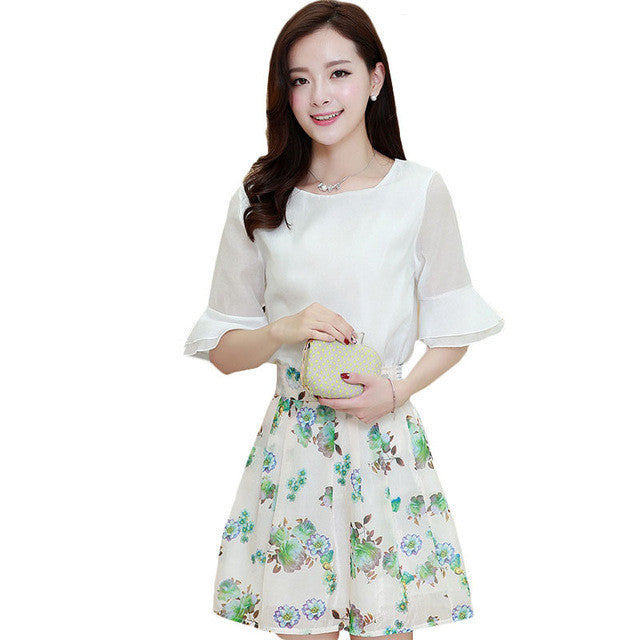 2016 New Arrival Women Floral Print Skirt Set 2 Pieces Suit O-neck Short Sleeve Chiffon t shirt Plus Size Zipper Woman 70900