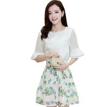 2016 New Arrival Women Floral Print Skirt Set 2 Pieces Suit O-neck Short Sleeve Chiffon t shirt Plus Size Zipper Woman 70900