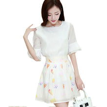 2016 New Arrival Women Floral Print Skirt Set 2 Pieces Suit O-neck Short Sleeve Chiffon t shirt Plus Size Zipper Woman 70900