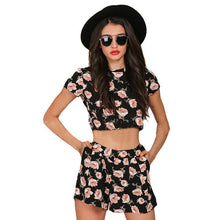 2016 New Arrival Women O-Neck European Style Crop Top Shirt Shorts Set 2 Pieces Suit Plus Size Woman Floral Print Sets 70777