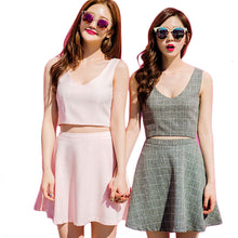 2016 New Arrival Women Plaid Skirt Set 2 Pieces Suit V-neck Sleeveless Crop Top t shirt Plus Size Zipper Woman 70901