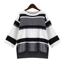 2016 New Autumn Female Knitted Sweater Plus Size Stripped Thin Knittedwear Three Quarter Sleeve O-neck Irregular Pullovers 71307