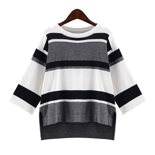 2016 New Autumn Female Knitted Sweater Plus Size Stripped Thin Knittedwear Three Quarter Sleeve O-neck Irregular Pullovers 71307
