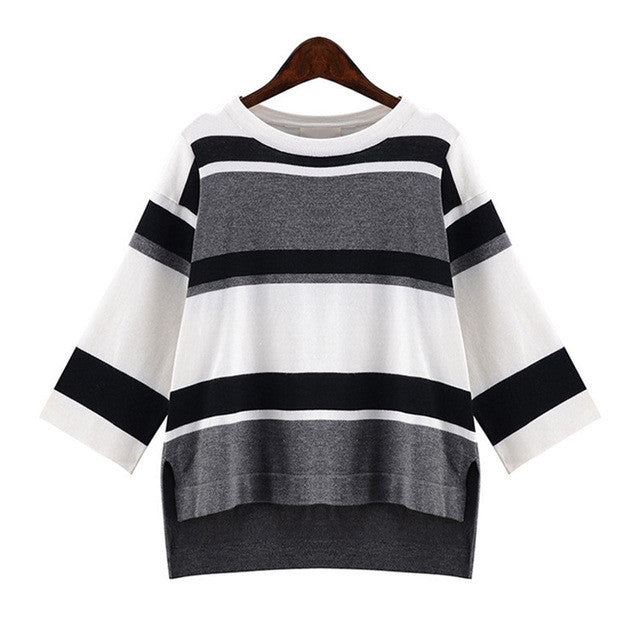 2016 New Autumn Female Knitted Sweater Plus Size Stripped Thin Knittedwear Three Quarter Sleeve O-neck Irregular Pullovers 71307