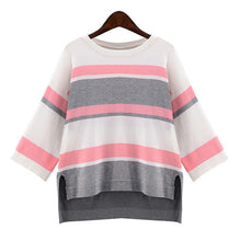 2016 New Autumn Female Knitted Sweater Plus Size Stripped Thin Knittedwear Three Quarter Sleeve O-neck Irregular Pullovers 71307