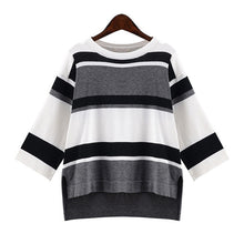 2016 New Autumn Female Knitted Sweater Plus Size Stripped Thin Knittedwear Three Quarter Sleeve O-neck Irregular Pullovers 71307