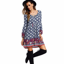 2016 New Autumn Spring Dresses Women Ladies Bohemian Print Long Sleeve Loose Dress National Wind Bandage Beach Dress Female