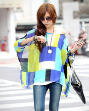 2016 New Batwing Sleeve Shirt&Blouse Fashion Women Chiffon Shirts Bohemian Plaid Print Half Sleeve Oversized Blouse Tops Shirt