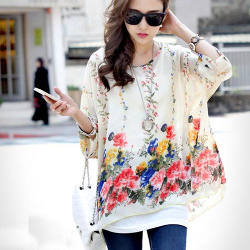 2016 New Bohemian Blouses Women Chiffon Tops Blusas Feminina Floral Print Batwing Sleeve Shirts Summer Casual Blouses Plus Size
