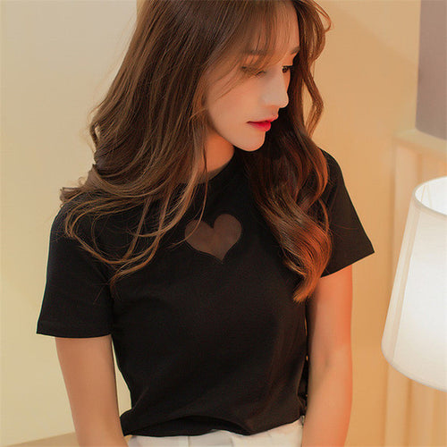 2016 New Brand Women T shirts Heart Hollow out t-shirt Women Top Short Sleeve Female Plus Size 71990