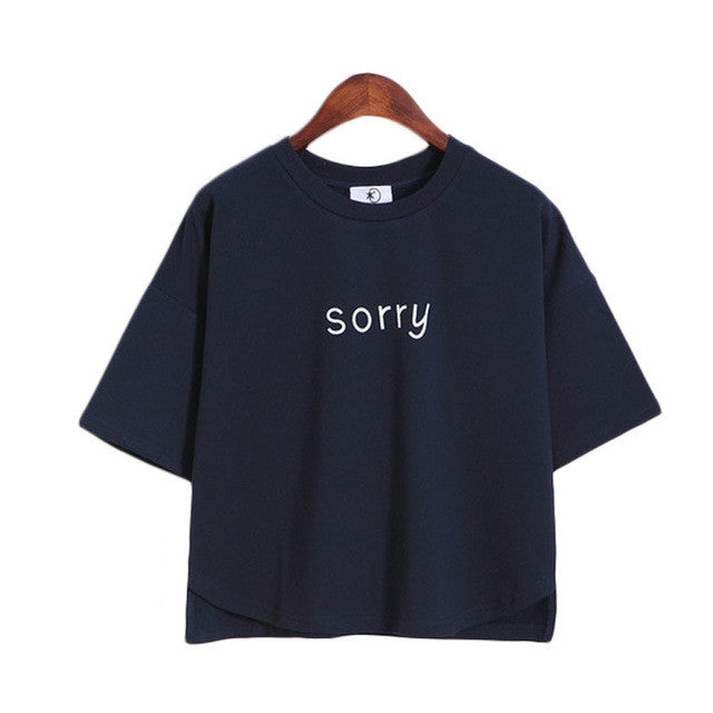 2016 New Brand Women clothing T shirts Letter SORRY Print t-shirt Women Top Short Sleeve Female Plus Size tops 71083