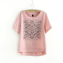 2016 New Casual Women European Style O-neck T shirts Female Short Sleeve Cotton Linen Tshirt Plus Size Print Top 70735