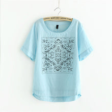 2016 New Casual Women European Style O-neck T shirts Female Short Sleeve Cotton Linen Tshirt Plus Size Print Top 70735