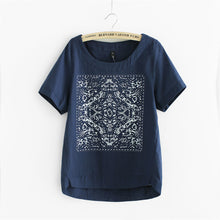 2016 New Casual Women European Style O-neck T shirts Female Short Sleeve Cotton Linen Tshirt Plus Size Print Top 70735