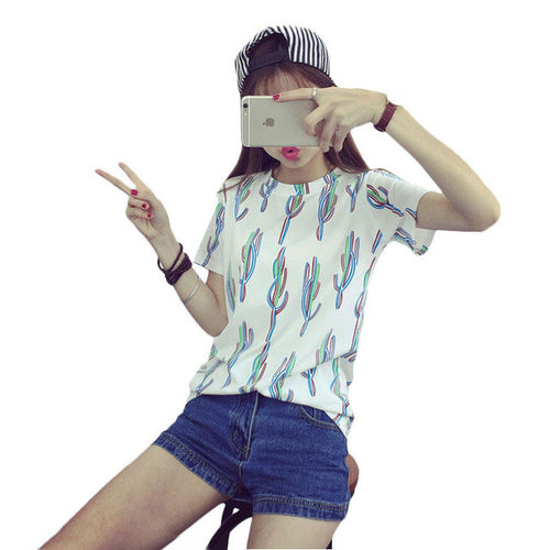 2016 New Casual Women European Style O-neck T shirts Female Short Sleeve Cotton Tshirt Plus Size Print Top 70736