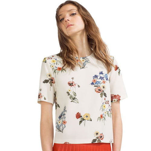 2016 New Casual Women European Style T shirts O-neck Tshirt Female Floral Short Sleeve Female Back Zipper Crop Tops 70732