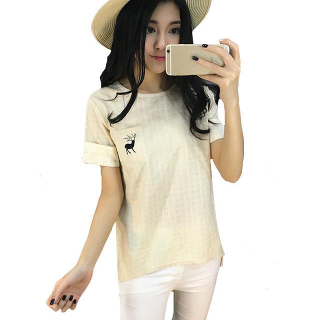 2016 New Casual Women Korean Style O-neck Embroidery T shirts Female Short Sleeve Cotton Linen Tshirt Plus Size Plaid Top 70741
