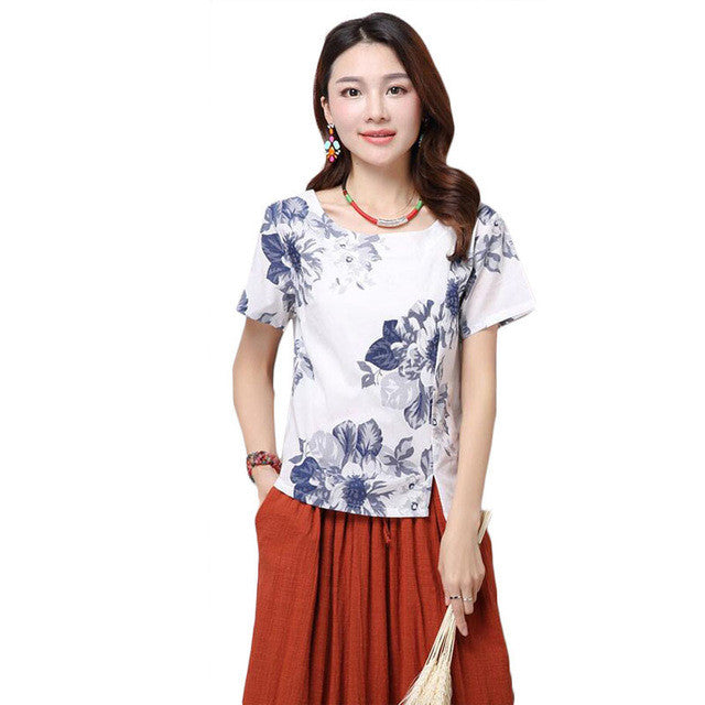 2016 New Casual Women Korean Style O-neck Floral Print T shirts Female Short Sleeve Cotton Linen Tshirt Plus Size Top 70744