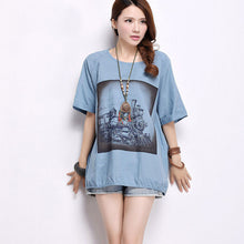 2016 New Casual Women Korean Style O-neck T shirts Female Short Sleeve Cotton Linen Tshirt Plus Size Cat Bus Print Top 70739