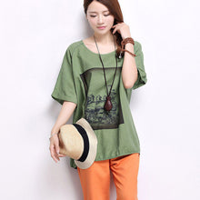 2016 New Casual Women Korean Style O-neck T shirts Female Short Sleeve Cotton Linen Tshirt Plus Size Cat Bus Print Top 70739