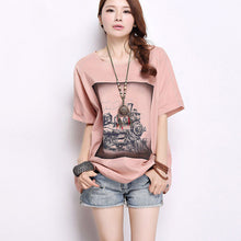 2016 New Casual Women Korean Style O-neck T shirts Female Short Sleeve Cotton Linen Tshirt Plus Size Cat Bus Print Top 70739